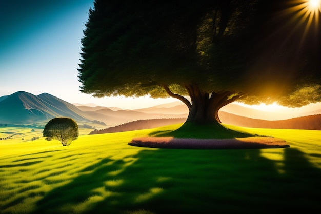 A tree in a field with the sun shining on it