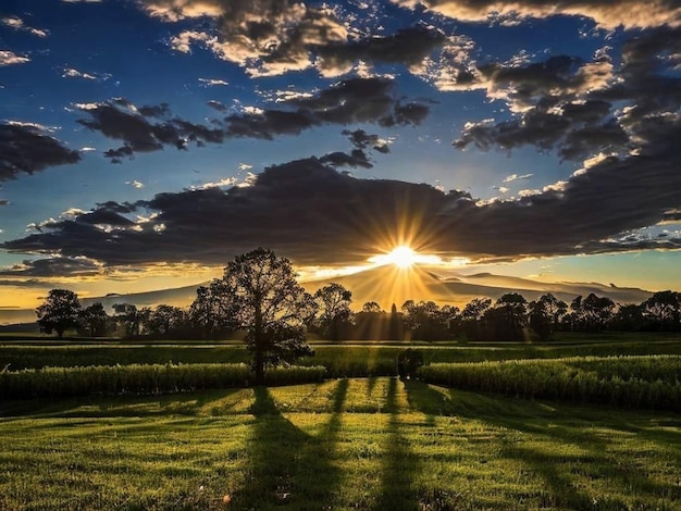 A tree in a field with the sun shining through the clouds