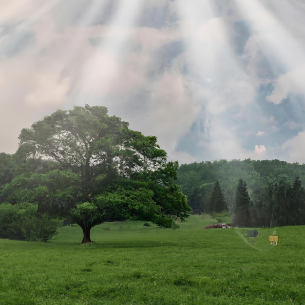 A tree in a field with the sun shining through the clouds