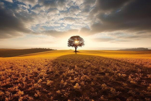 A tree in a field with the sun shining through the clouds