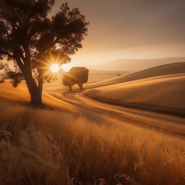 A tree on a field with the sun shining through the clouds