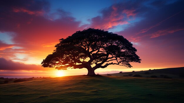 a tree in a field with a sunset in the background