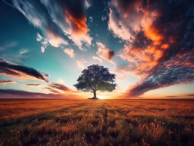 A tree in a field with a sunset and clouds