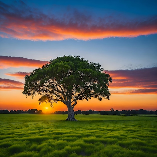 A tree in a field with a sunset behind it