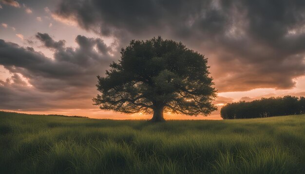 Photo a tree in a field with a sunset behind it