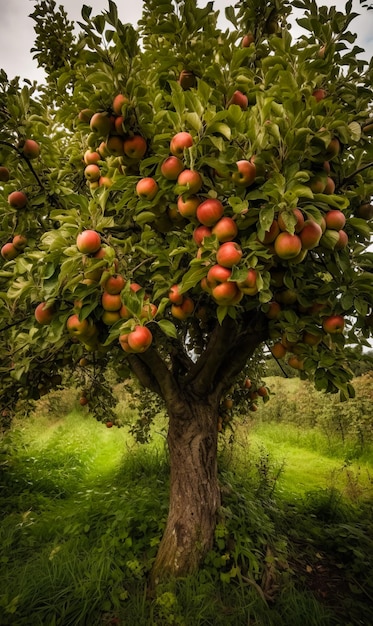 A tree filled with lots of fruit on top of a lush green field