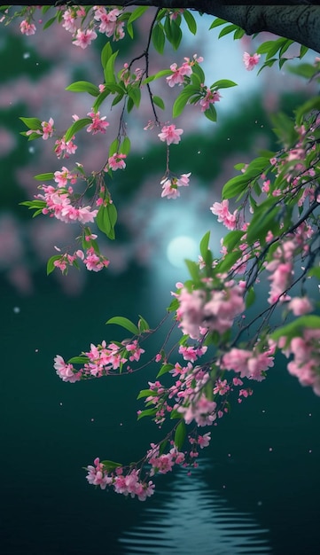 Tree filled with lots of pink flowers next to a body of water generative ai