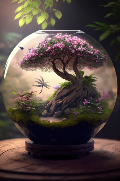 Photo a tree in a fish bowl with a fish swimming in it