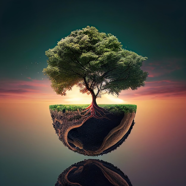 A tree on a floating island with the sun shining on it