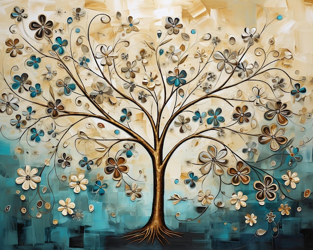 tree flowers brown cyan blue metal golden elements similar aesthetics swirly church rooted lineage