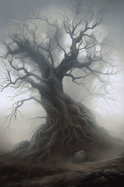 A tree in the fog with a bird on it