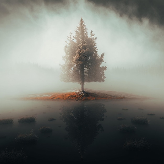 A tree in the fog