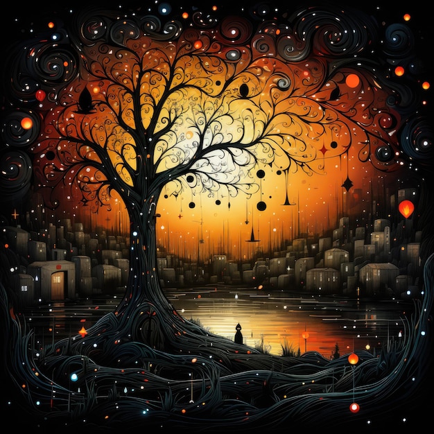 木の森暗い神秘的なイラストアートポスターの背景ポスターのタトゥー