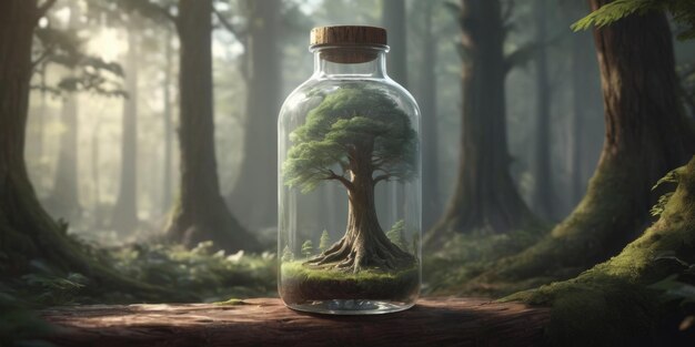 Photo tree in a forest inside a glass bottle