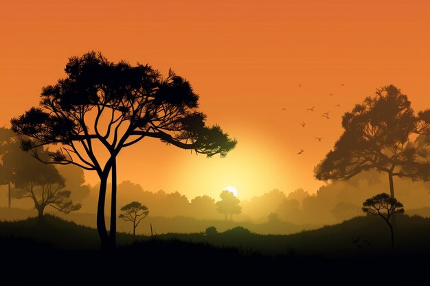 Tree and forest in sunset