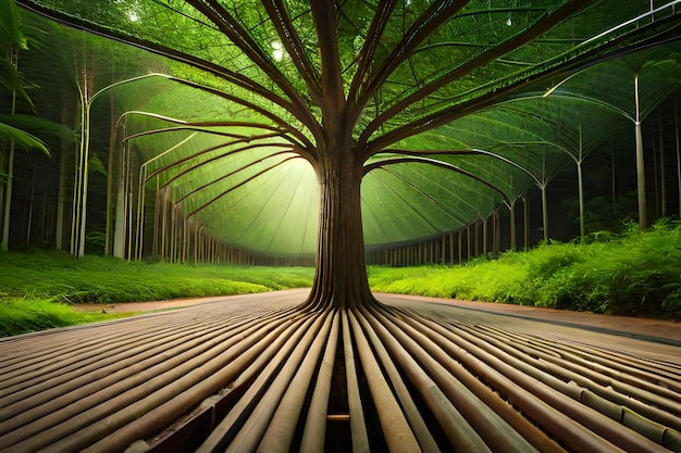 a tree in the forest with bamboo in the background