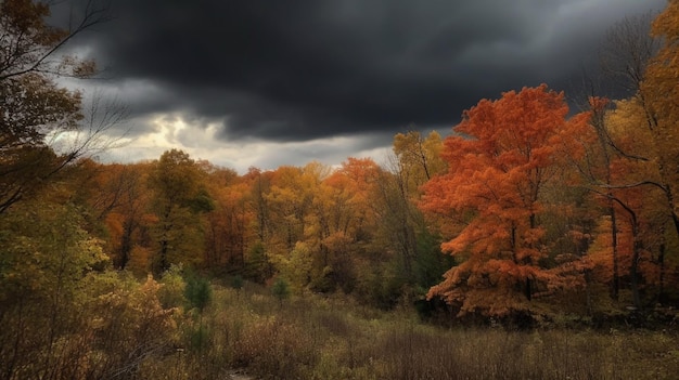 A tree in the forest with the dark clouds above it