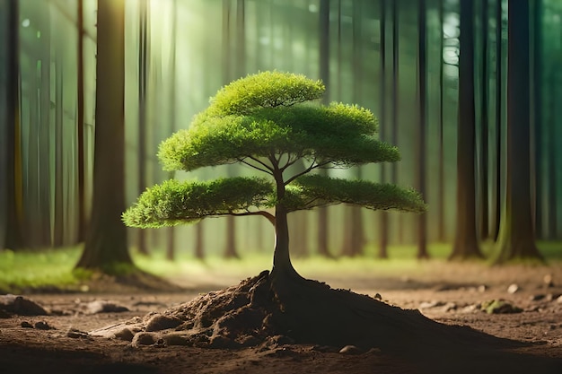 a tree in the forest with a green background