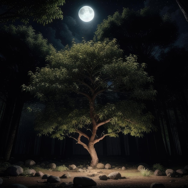 A tree in a forest with the moon in the background