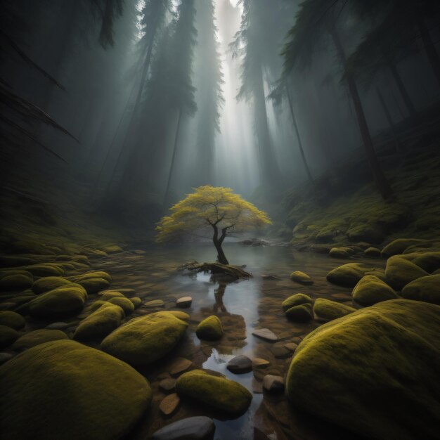 Foto un albero in una foresta con rocce coperte di muschio e muschio.