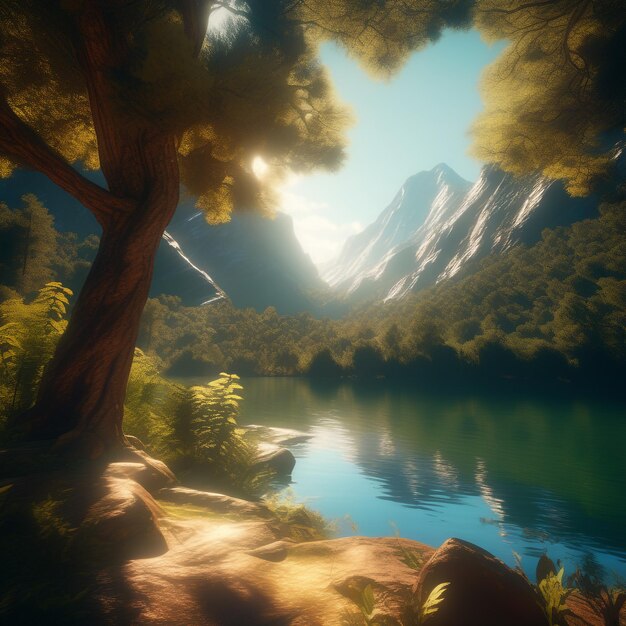 Photo a tree in the forest with mountains in the background