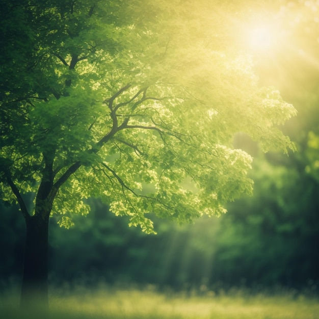 A tree in a forest with the sun shining down