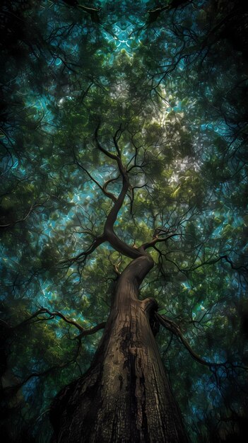 A tree in the forest with the sun shining on it