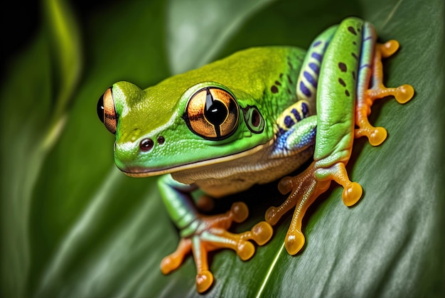 樹木のカエル (rachophorus reinwardtii javan) は,茂った緑に囲まれた枝に不安定に座っている.