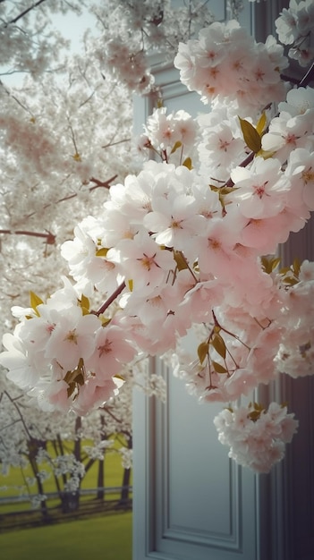A tree in front of a house with white flowers