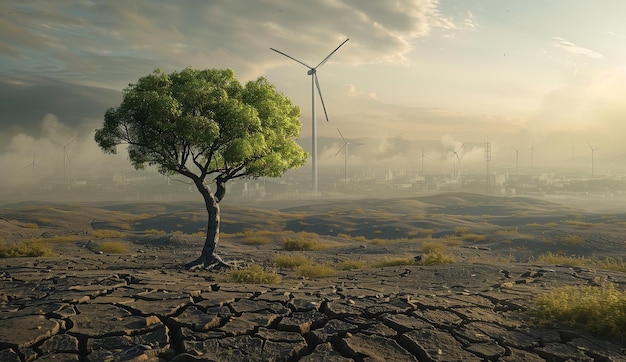 Photo a tree in front of a wind turbine