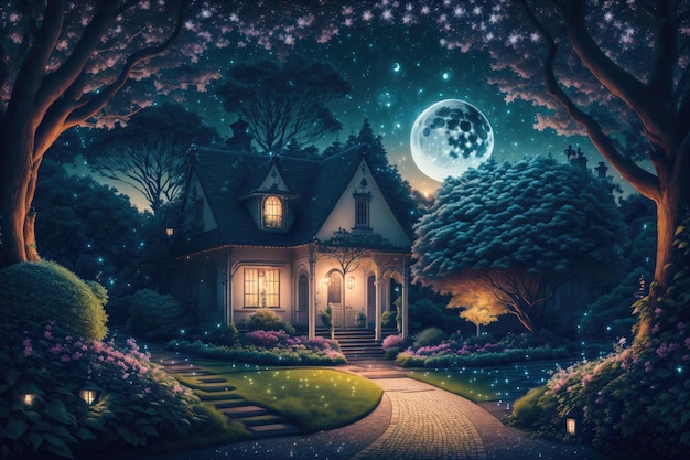 a tree in a garden with a house in the background at night time with a full moon in the sky