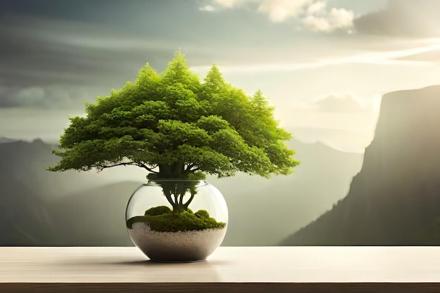 A tree in a glass bowl with a mountain in the background