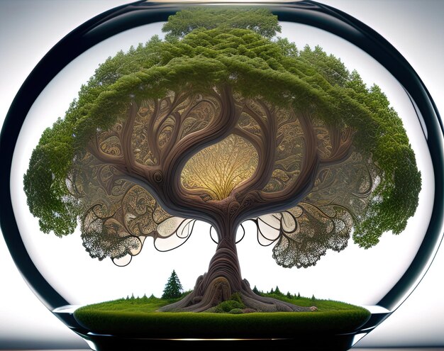 A tree in a glass bowl with the word tree on it