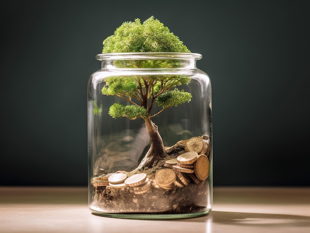 Tree on glass jar with coins