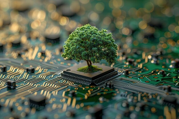 Tree growing on the converging point of computer chip on motherboard