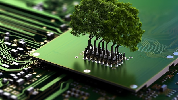 Tree growing on the converging point of computer circuit 3D