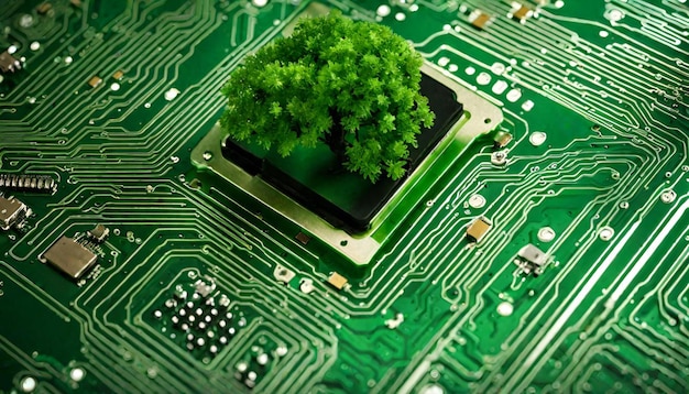 Photo tree growing on the converging point of computer circuit board green computing green technology g