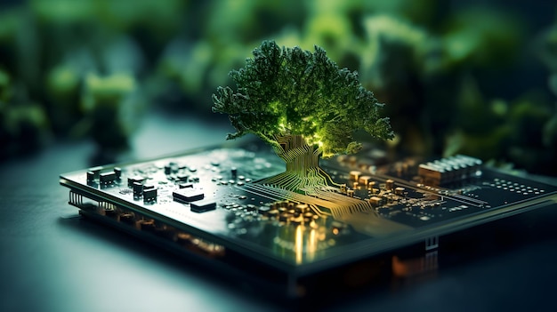 Tree growing on the converging point of computer circuit board green computing green technologygenerated with ai