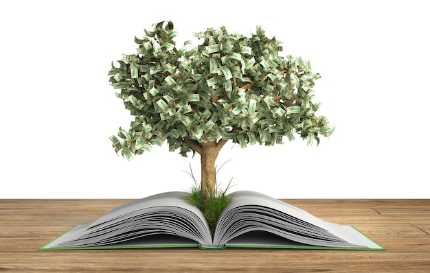 Photo tree growing from book a big open book with tree reading makes you richer concept 3d render on wood in librury