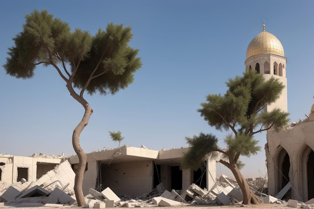 Дерево, растущее из центра разрушенного купола мечети между Израилем и Газой, израильский и палестинский конфликт, абстрактная иллюстрация войны