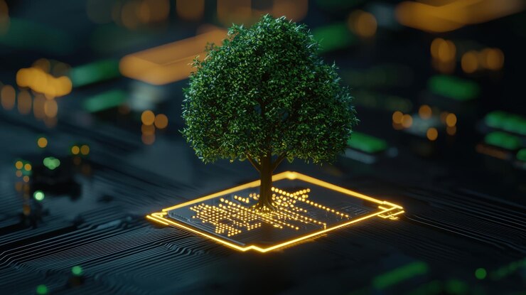 Photo tree growing from a circuit board symbolizing technology and nature