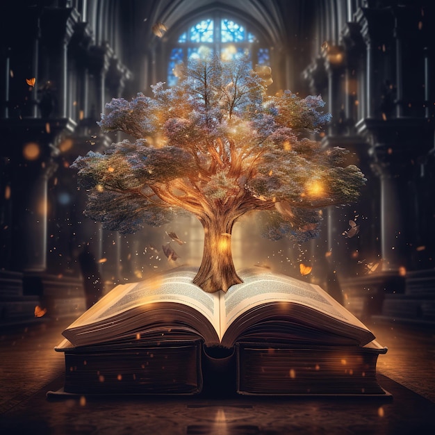 Tree growing from vintage book Generative AI