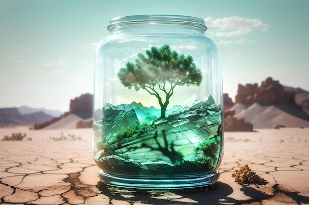 砂漠の背景にあるガラスの瓶の中で成長する木 エコロジーコンセプト 地球の日