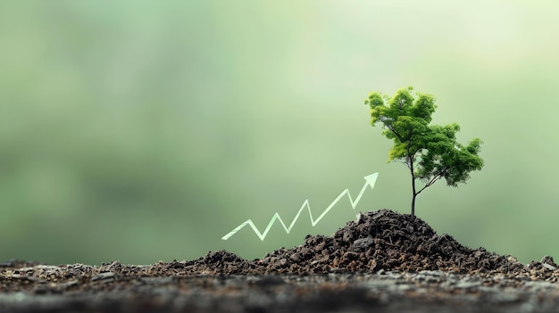 a tree growing on a hill with a arrow pointing up