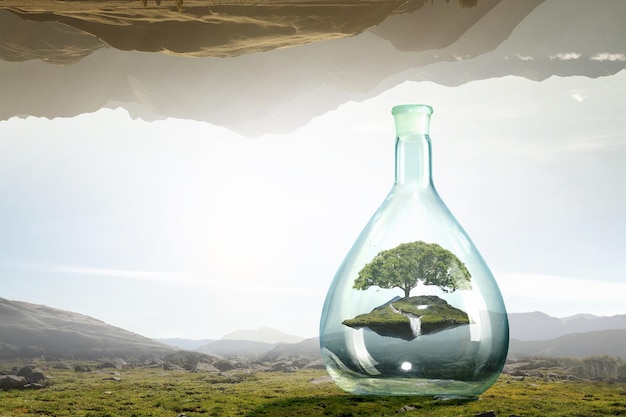 ガラス瓶の中で育つ木。ミクストメディア