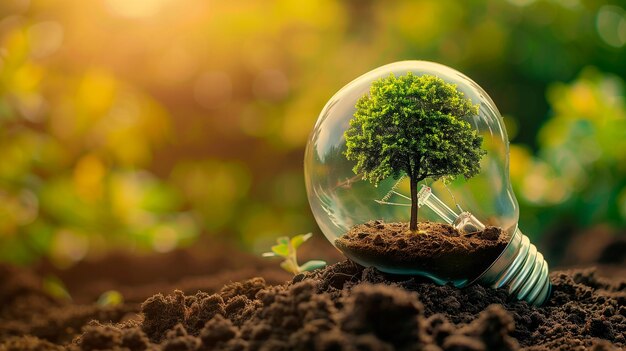 tree growing inside an illuminated bulb Earth Day or energy saving and environment concept