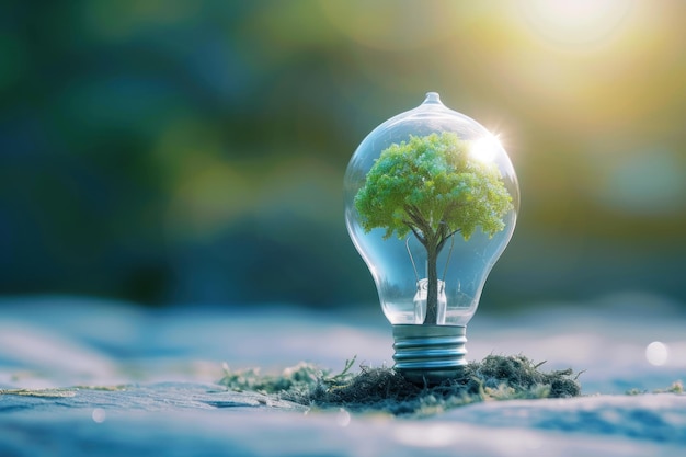 Tree growing inside of light bulb on nature background Ecology concept