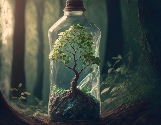 a tree growing inside a plastic bottle