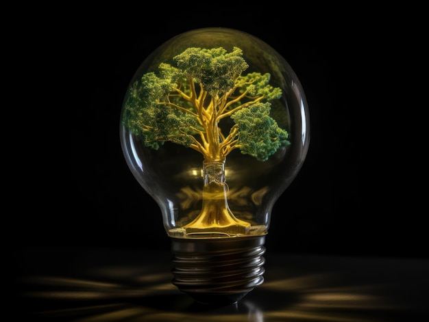 Tree growing on light bulb with sunshine in nature saving energy and eco concept Generative AI