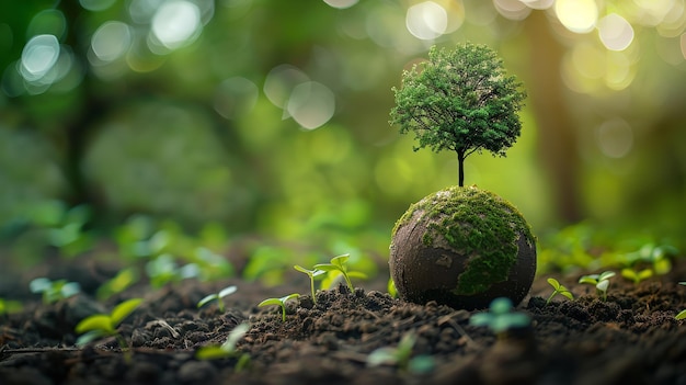 a tree growing out of a ball in the dirt